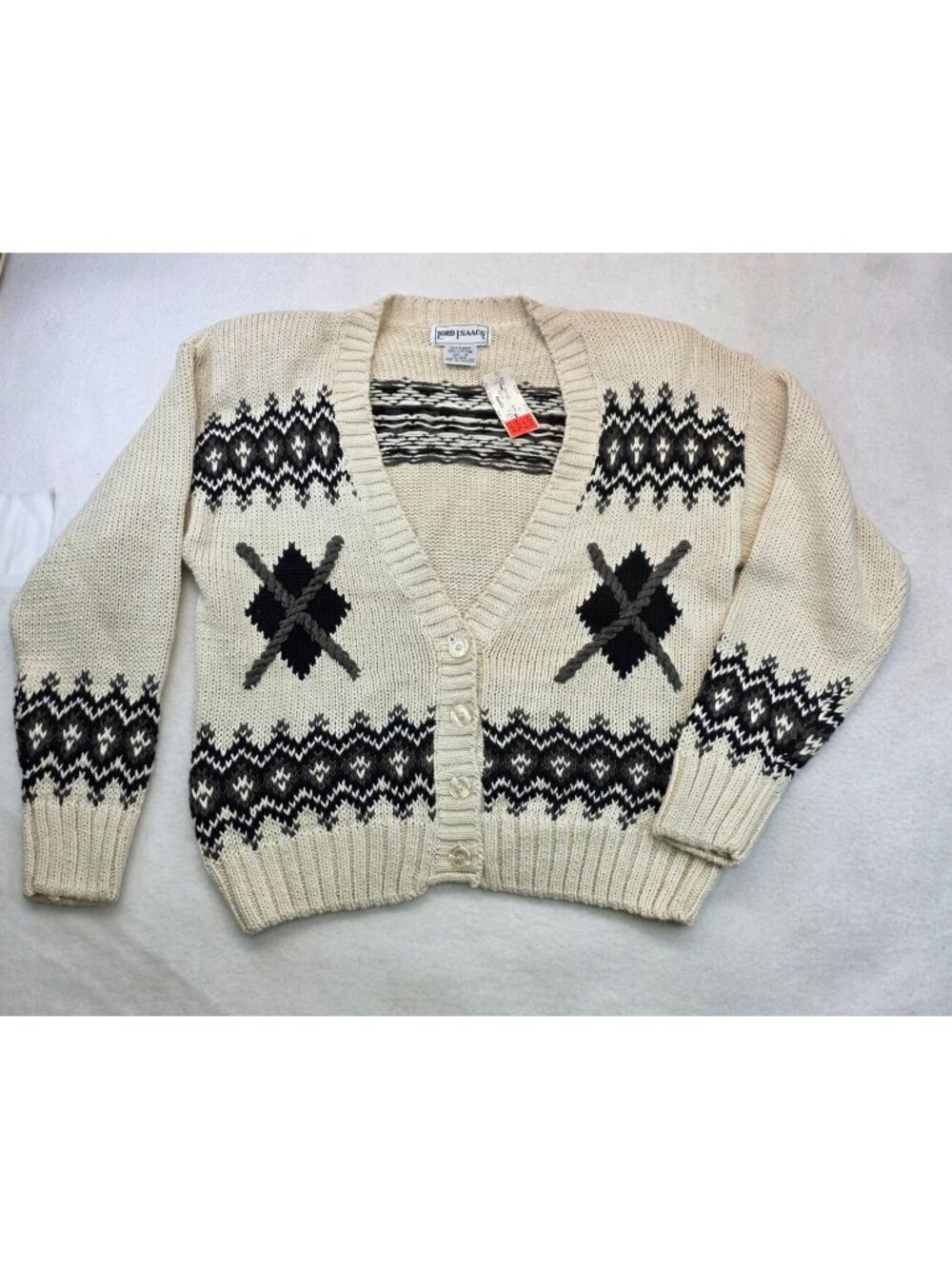 Vintage Lord Isaacs Chunky Knit Cardigan Sweater M Cream Argyle Twee Academia